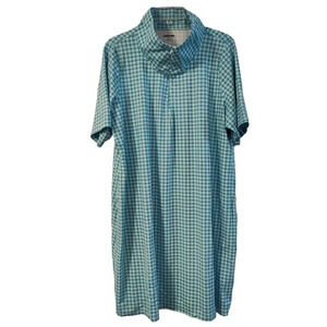 Lands End Blue Plaid Shirt Dress Women Size 1X Funnell Neck Short Sleeve Pockets